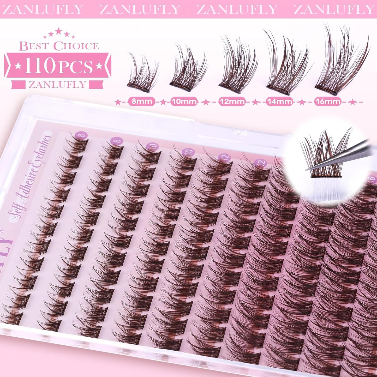 Self Adhesive Eyelashes Brown Self Adhesive Lash Clusters Natural No Glue Lashes Dark Brown Eyelash Extensions Pre-glued Eyelash Clusters Wispy Press on Individual Lashes 8-16mm by ZANLUFLY-FemmiqueWomen