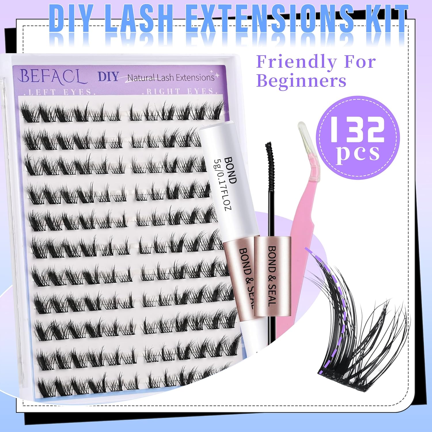 Natural Lash Clusters Wispy Cluster Eyelash Extensions Spiky Individual Lashes 8-17mm LC Curl Manga Eyelash Clusters with Lash Bond and Seal Soft Lashes Clusters Kit(132Pcs)-FemmiqueWomen