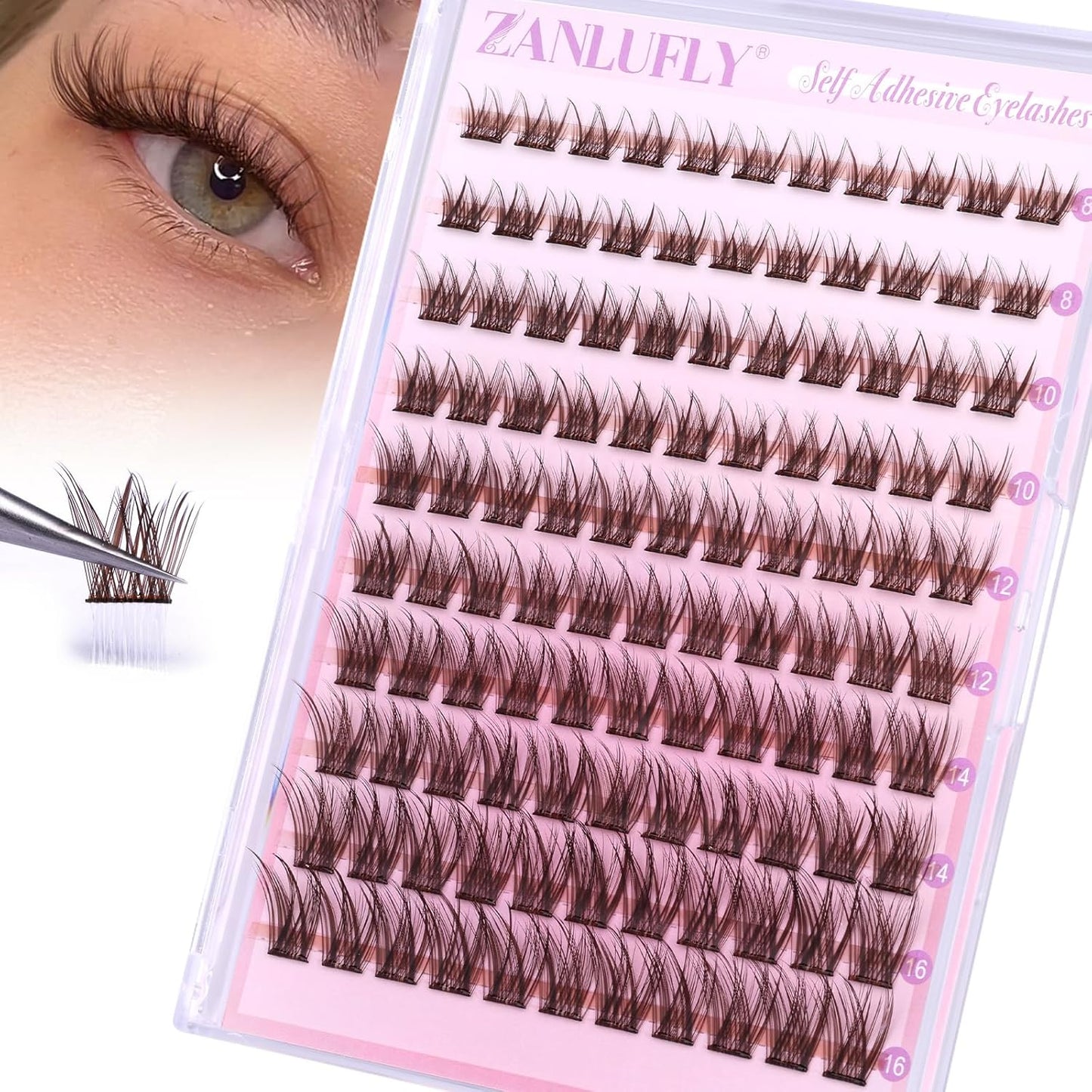 Self Adhesive Eyelashes Brown Self Adhesive Lash Clusters Natural No Glue Lashes Dark Brown Eyelash Extensions Pre-glued Eyelash Clusters Wispy Press on Individual Lashes 8-16mm by ZANLUFLY-FemmiqueWomen