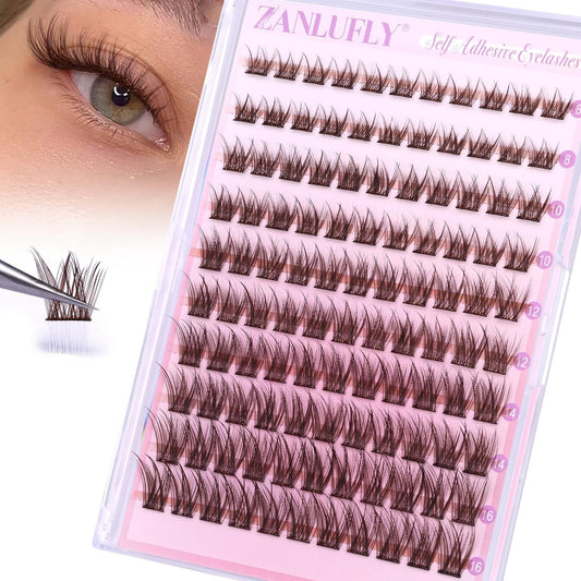 Self Adhesive Eyelashes Brown Self Adhesive Lash Clusters Natural No Glue Lashes Dark Brown Eyelash Extensions Pre-glued Eyelash Clusters Wispy Press on Individual Lashes 8-16mm by ZANLUFLY-FemmiqueWomen