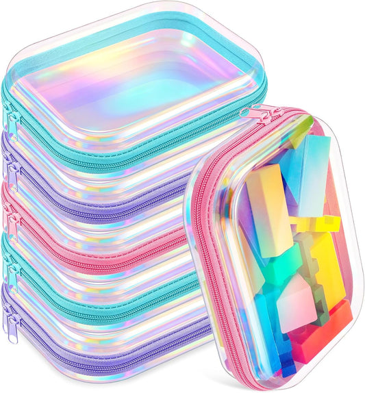 Sanwuta 6 Pcs Clear Hard Zipper Case Pencil Pouches Hard Plastic Zipper Pouches Makeup Bag Transparent Cases for Snacks Plastic Storage Organizer Box for Travel(Holographic,7.87 x 5.9 x 2 Inch)-FemmiqueWomen