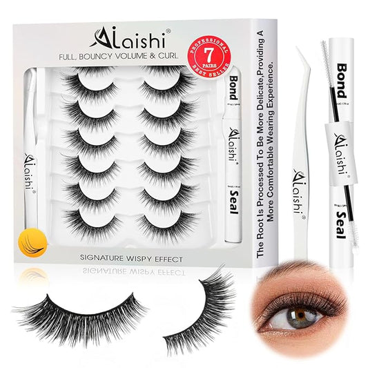 Wispy False Eyelashes Kit With Bond, Seal and Tweezer, 7 Pairs Natural Look Fake Cat Eye Lashes Strips Thin Band Extensions Waterproof Easy Eyelashes for Beginners RQ10-FemmiqueWomen