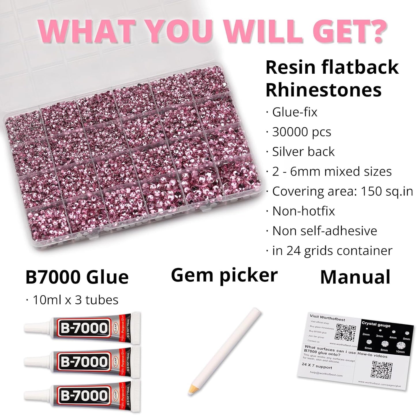 30000Pcs Resin Rhinestones Set for Crafting Bedazzling, Pink Flatback Gems Jewels for Crafts Clothes Shoes Fabric Outfit Nails Makeup, Flat Back Light Pink Crystal 2-6mm with b 7000 Glue-FemmiqueWomen