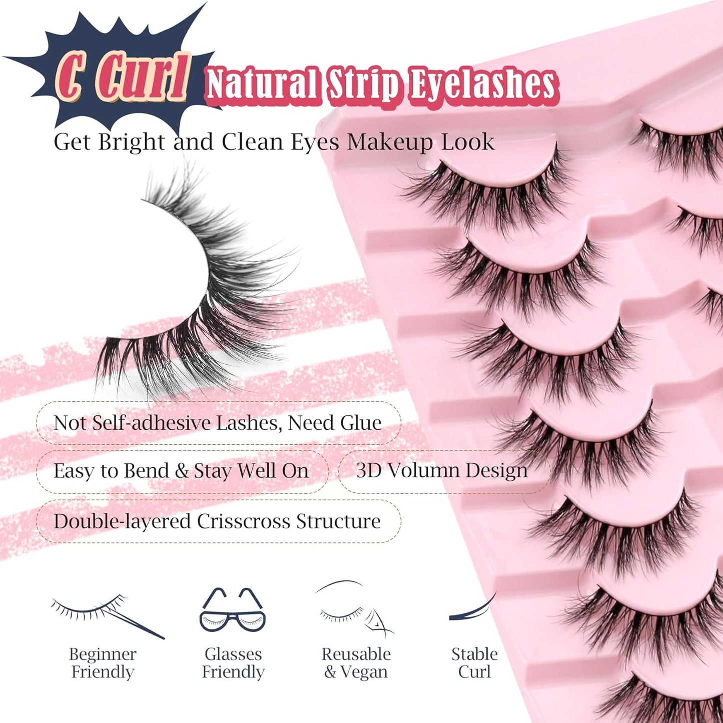 Lashes Natural Cat Eye Lashes Wispy Eyelashes 15mm False Eyelashes Wispy Lashes 3D Volume Strip Eyelashes Thin Cotton Band Soft Fake Eyelashes False Lashes Pack 7 Pairs Siligli-FemmiqueWomen