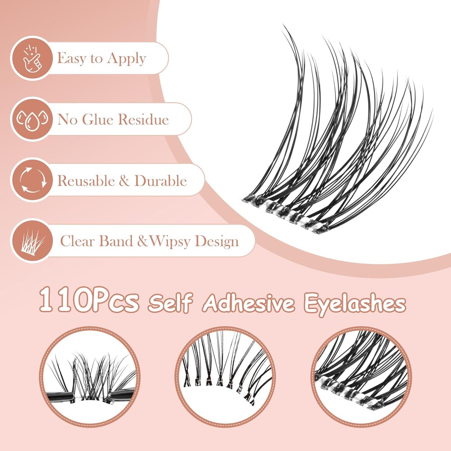 Self Adhesive Eyelashes, 112Pcs Clear Band Lash Clusters, Wipsy Pre-Glued Eyelash Clusters, No Glue Needed Press On Invisible Band Resuable Eyelashes(SC15)-FemmiqueWomen