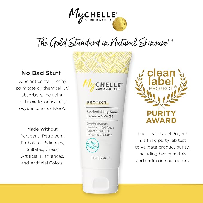 MyCHELLE Dermaceuticals Solar Defense SPF 30 (2.3 Fl Oz) - Moisturizing Reef Safe Sunscreen with Red Algae Extract and Kukui Oil - Travel Size Zinc Sunscreen for Face and Body-FemmiqueWomen
