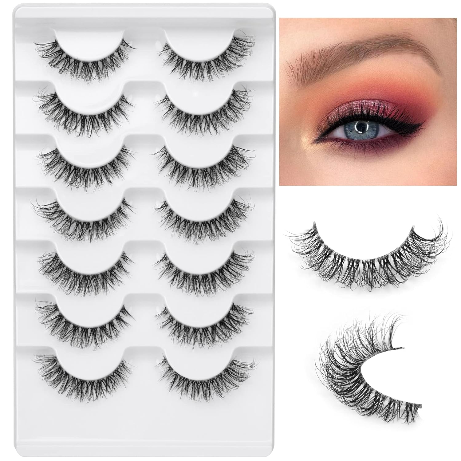 JIMIRE Demi-wispies Faux Mink Eyelashes with Clear Band Russian Strip Lashes Fluffy Natural Look Wispy Light 13MM Short False Eyelashes Invisible Small 3D Fake Lashs Pack 7 Pairs-FemmiqueWomen