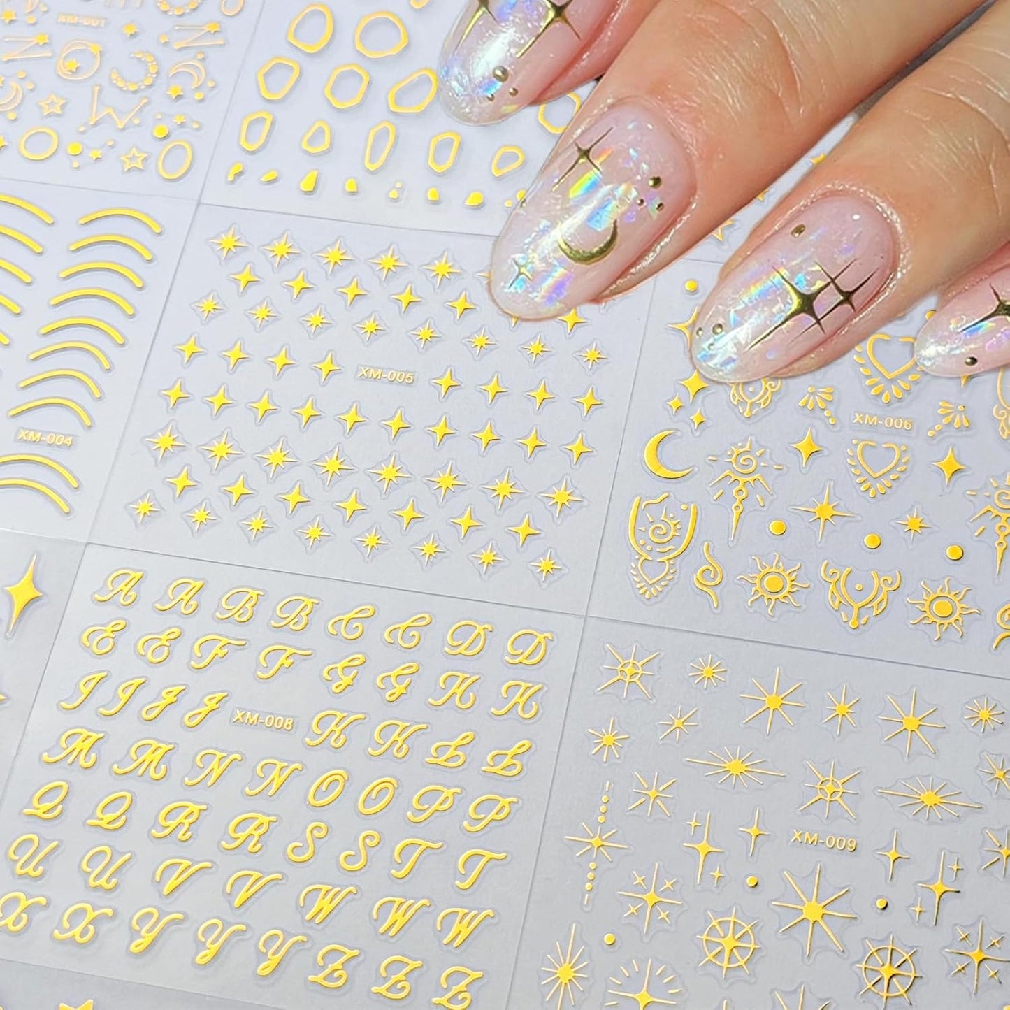 30Sheets Gold Nail Art Stickers Star Line 3D Self Adhesive Nail Stickers for Nail Art Moon Stars Nail Decals Heart Nail for Women and Girls Manicure DIY Decoration-FemmiqueWomen