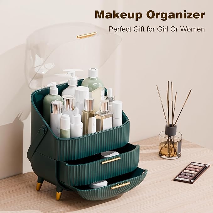Makeup Organizers and Storage Make up Organizer for Vanity Cosmetics Skincare With Lid and Drawers Display Cases for Countertop Bathroom Women Teenager Girl Gifts(Dark Green)-FemmiqueWomen