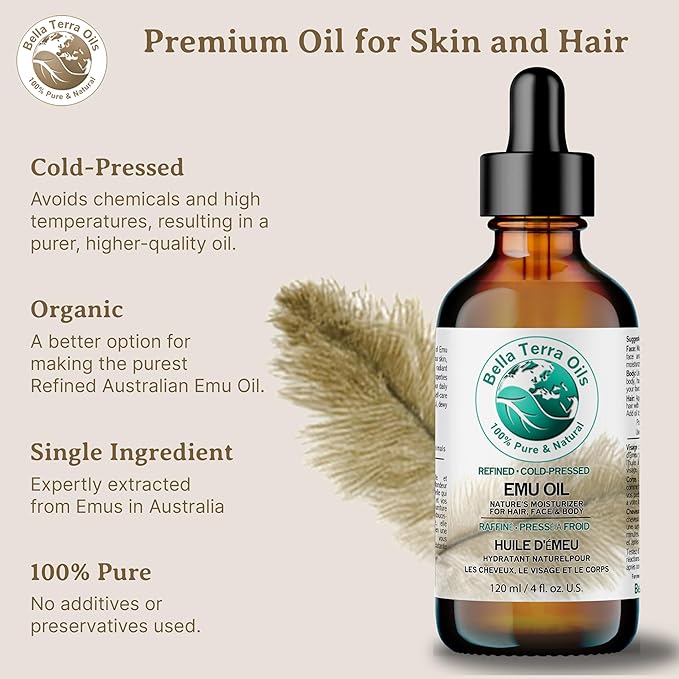 Bella Terra Oils - Emu Oil 8 oz - Australian Legacy, Famed for Omega-3, Omega-6 & Omega-9, The Natural Secret to Radiant Skin-FemmiqueWomen
