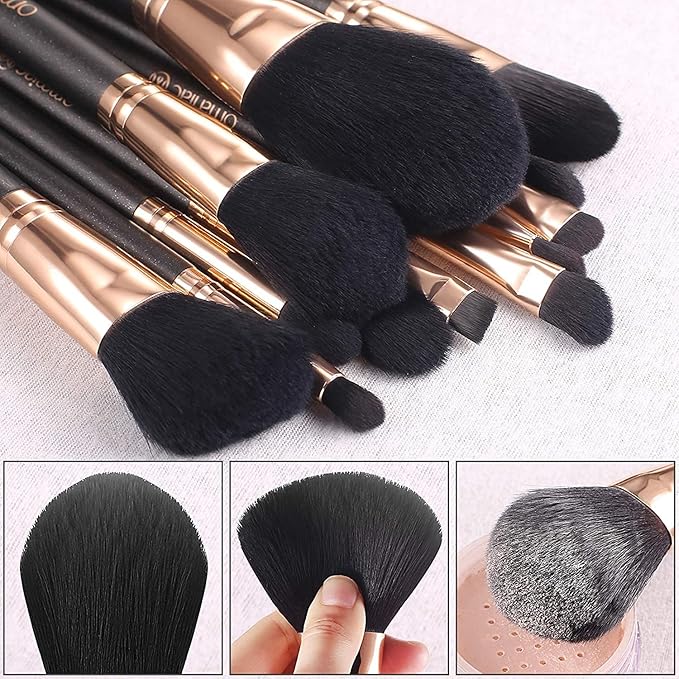OMANIAC Makeup Brush Set Professional, 12 Pearlescent Wood Handle Makeup Brushes, Premium Cruelty-Free Synthetic Fiber Hair, Travel Make up Brushes Set with Case (Black).-FemmiqueWomen