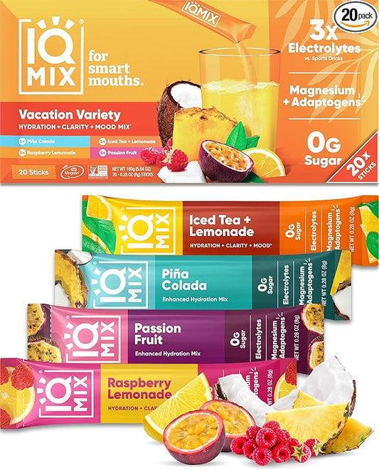 IQMIX Hydration Electrolyte Powder – 4-in-1 Formula for Hydration, Mental Clarity, Mood and Recovery – Sugar-Free Drink Mix, Keto, Magnesium L-Threonate, Lion’s Mane – 20 Count Vacation Variety Pack-FemmiqueWomen