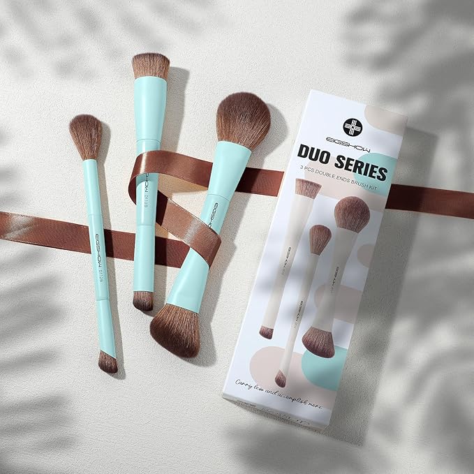 EIGSHOW Makeup Brush Set, 3Pcs Dual Ended Face Makeup Brushes for Foundation Powder Contour Highlight Concealer Nose Shadow, Travel Gift Set (Cyan)-FemmiqueWomen