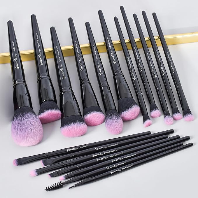 Bueart Design 18Pcs Pro Deluxe Fuchsia Pink Black Makeup Brushes set with Travel Make up Brush Holder case Foundation concealer contour Blush eyeshadow face make up brush set-FemmiqueWomen