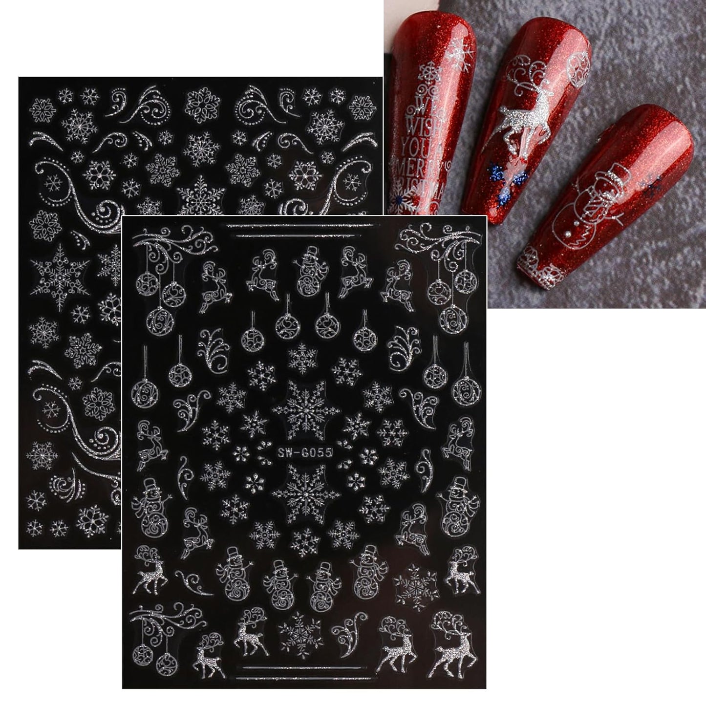 JMEOWIO 9 Sheets Christmas Glitter Nail Art Stickers Decals Self-Adhesive Snowflake Winter Holiday Silver Nail Supplies Nail Art Design Decoration Accessories-FemmiqueWomen