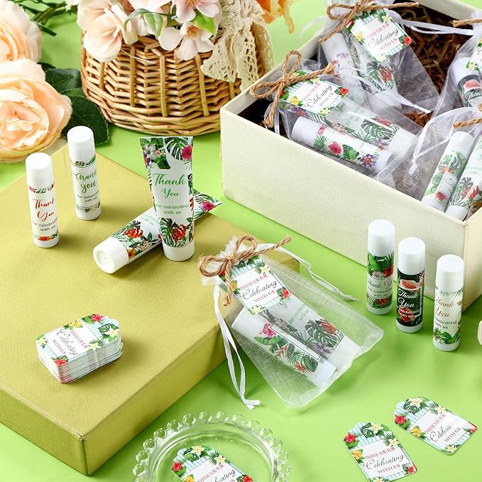 200 Pcs Baby Shower Wedding Party Favors Gift Set, 50 Pcs Baby Shower Hand Cream and 50 Lip Balm for Wedding Bridesmaid Guests Gift Supplies with 50 Organza Bag 50 Thank You Tag(Tropical)-FemmiqueWomen