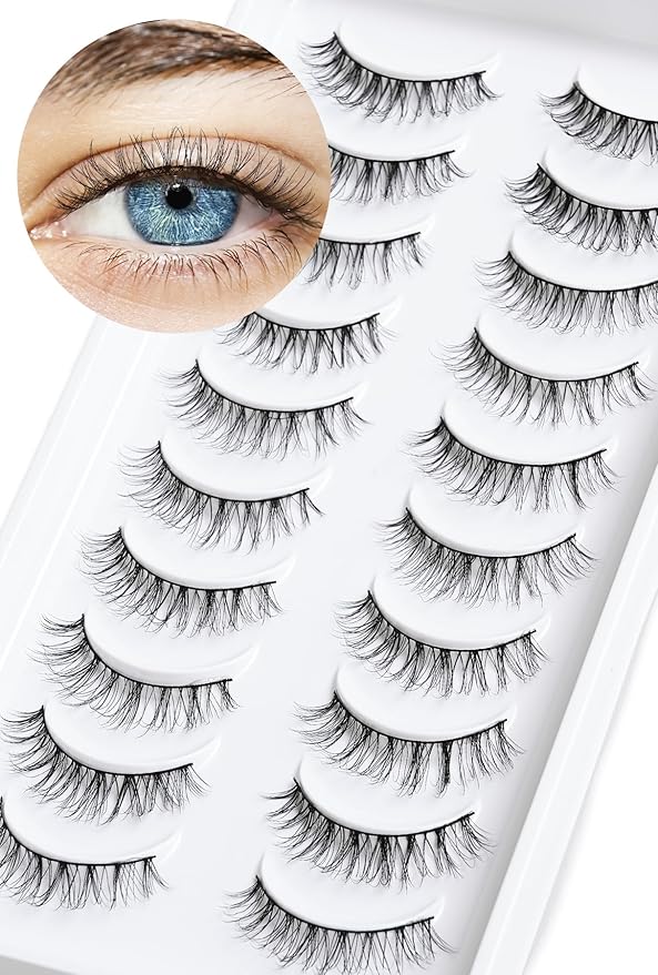 Natural Lashes Wispy False Eyelashes 10mm Short Lashes 3D Volume Strip Lashes Fake Eyelashes Siligli Lashes Thin Band Curly Eye Lashes Pack 10 pair-FemmiqueWomen