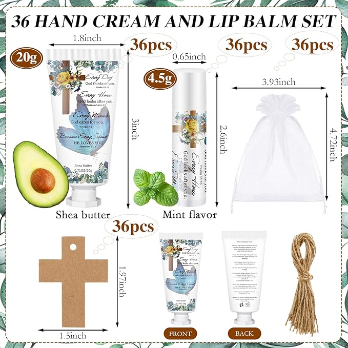 144 Pcs Christian Lip Balm Hand Cream Set Party Favors, Include 36 Bible Lip Balm 36 Moisturizing Hand Cream 36 Bags 36 Cards and Ropes for Accessories Gifts (Biblical, Cross)-FemmiqueWomen