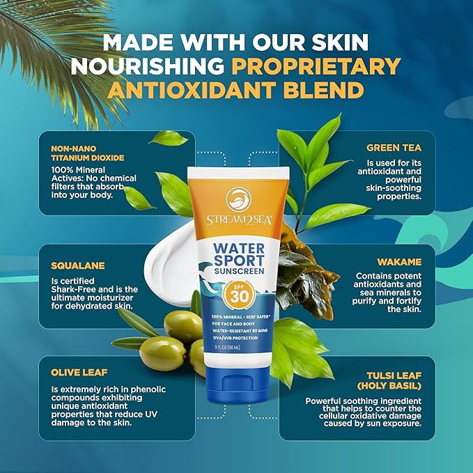 STREAM 2 SEA SPF 30 Biodegradable Mineral Sunscreen, 3 Fl oz Non-Greasy and Moisturizing Reef Safe Sunscreen For Face Protection and Body Against UVA and UVB-FemmiqueWomen