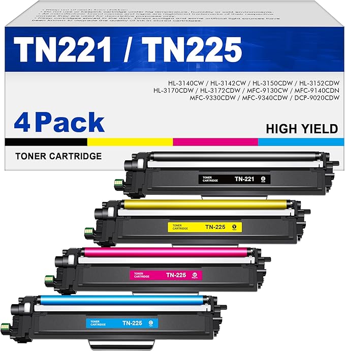 TN221 Toner Cartridges 4 Pack TN225 - Replacement for Brother tn221 tn221bk tn225 Compatible with Brother MFC-9130CW Toner Cartridge, HL-3170CDW Toner Cartridge, HL-3140CW MFC-9330CDW Printer