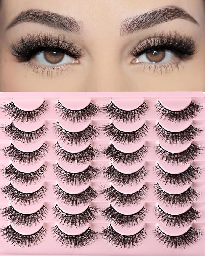 FARRED Cat Eye Lashes Short Natural Eyelashes Fluffy Wispy Lashes 14 Pairs False Lash Wispy Volume Fake Eyelash Faux Mink Strip Lashes Pack for Daily Makeup (F13 | 7-14 mm)-FemmiqueWomen
