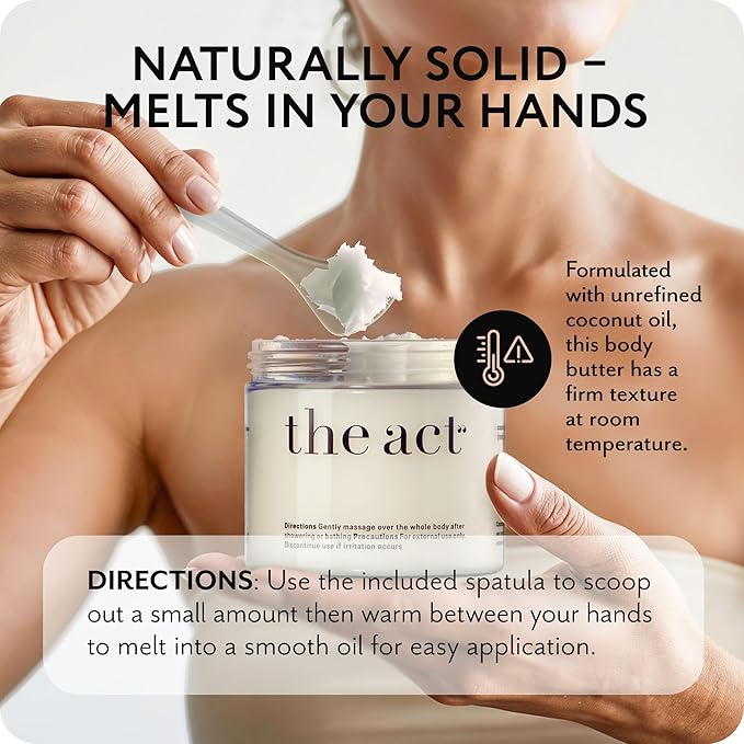 THE ACT Solid Coconut Body Butter – Organic Vegan Moisturizer with Shea & Almond Oils – Melts in Hands – Massage Balm for Dry Skin – Natural Skincare for Women & Men – 6 oz with Spatula-FemmiqueWomen