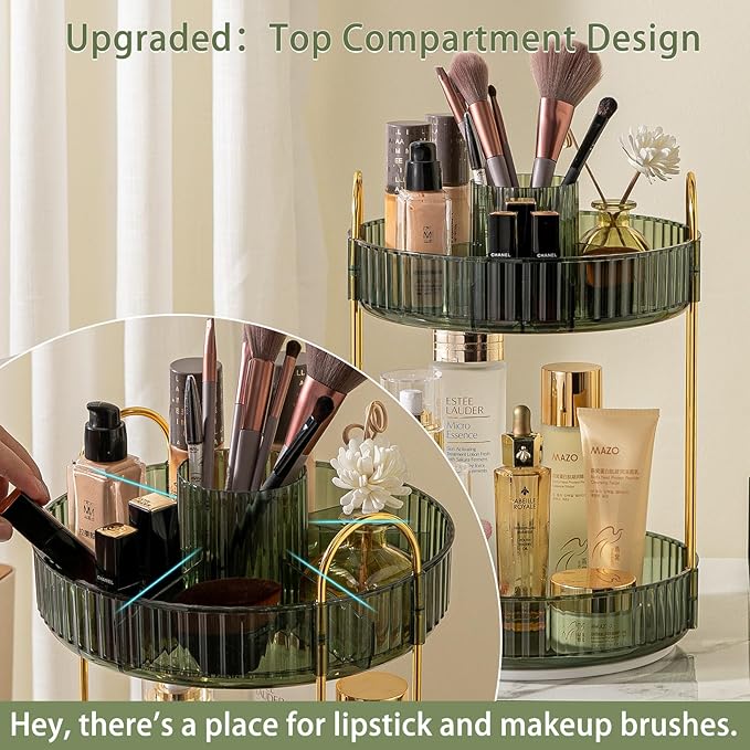 Rotating Makeup Organizer for Vanity, High-Capacity Skincare Clear Make Up Storage Perfume Organizers Cosmetic Dresser Organizer Countertop 360 Spinning (Green, New-2 Tier)-FemmiqueWomen