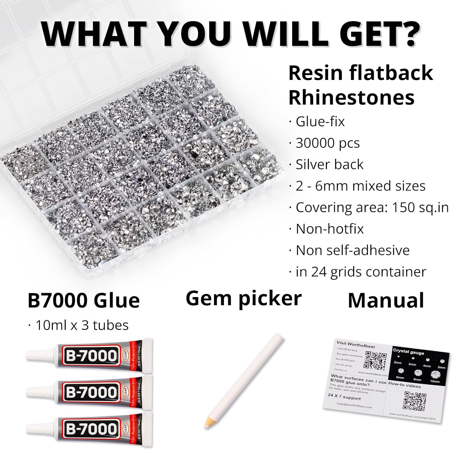 30000Pcs Resin Rhinestones for Crafting Bedazzling, Silver Clear Flatback Gems Crystals for Bedazzle Crafts Clothing Clothes Fabric, Flat Back Jewels Diamonds Mixed Sizes Bedazzler Kit with b7000 Glue-FemmiqueWomen