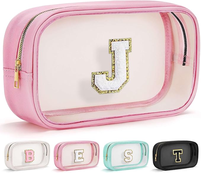 YOOLIFE Birthday Gifts | Initial Travel Essentials Makeup Bag, Clear Toiletry Bag Pouch Cosmetic Bag Case Large Makeup Bag Personalized Pink Birthday Gifts for Women Teacher Mom Teen Friends J-FemmiqueWomen