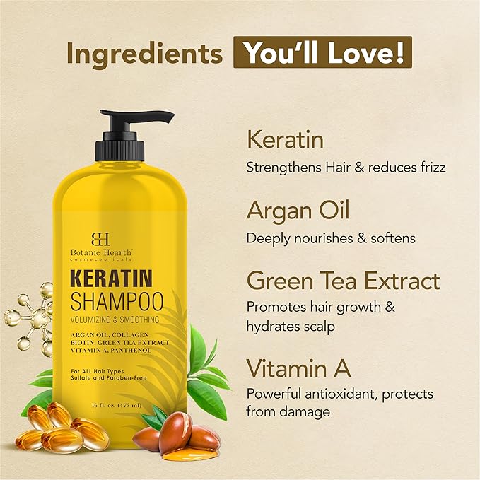 Botanic Hearth Keratin Shampoo | With Argan Oil, Collagen & Biotin | Best For Dry Damaged, Fizzy & Color Treated Hair | Hair Thickening & Sulfate Free | 16 Fl Oz (Pack Of 1)-FemmiqueWomen