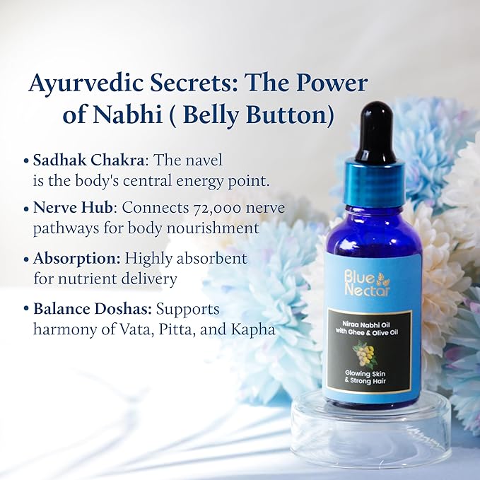 Blue Nectar Ayurveda Navel Oil with Ghee & Olive for Belly Oiling | Natural Belly Button (Nabhi) Oil for Radiant Skin & Deep Hydration (22 Herbs, 1 Fl Oz)-FemmiqueWomen