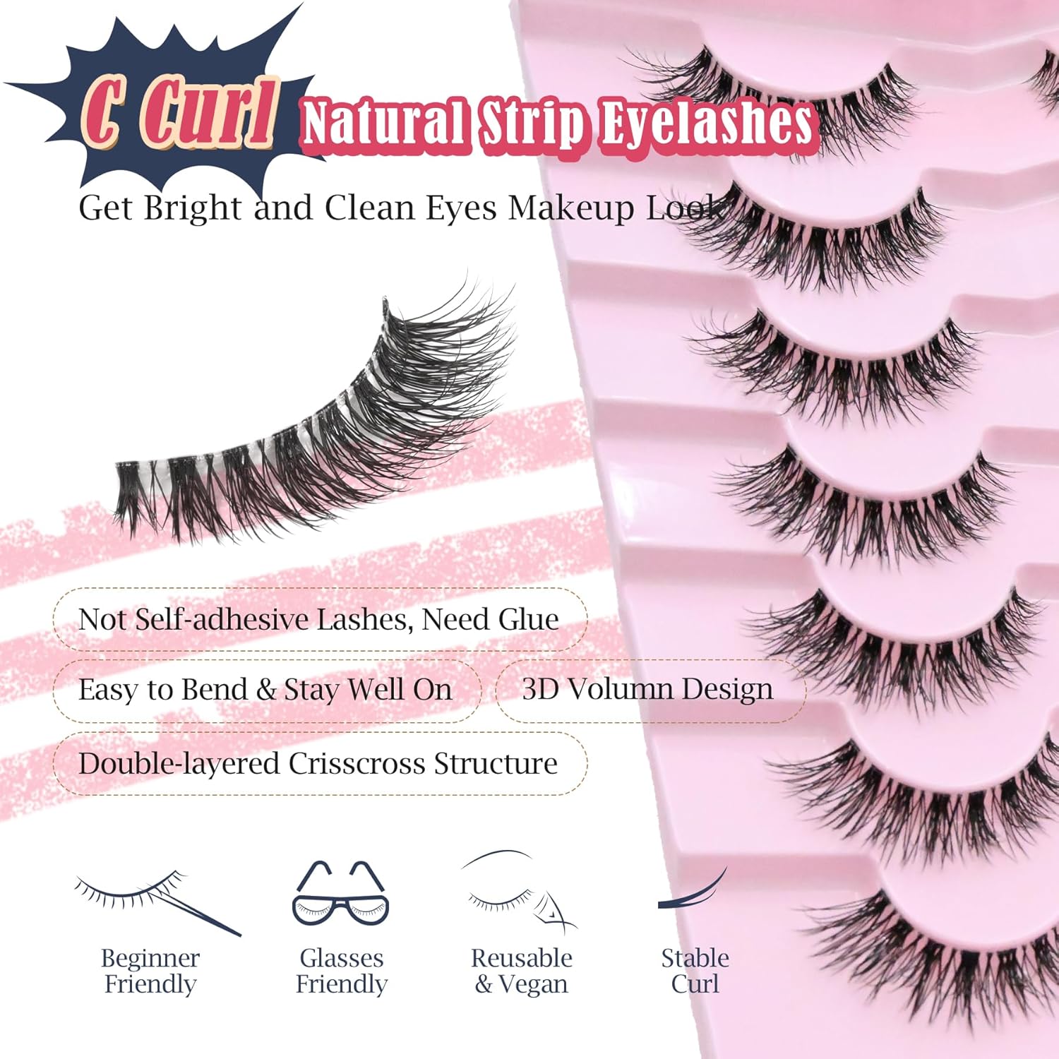 Eyelahses Wispy Lashes Cat Eye 10MM Short Lashes C Curl Soft Lash Strips Siligli-FemmiqueWomen