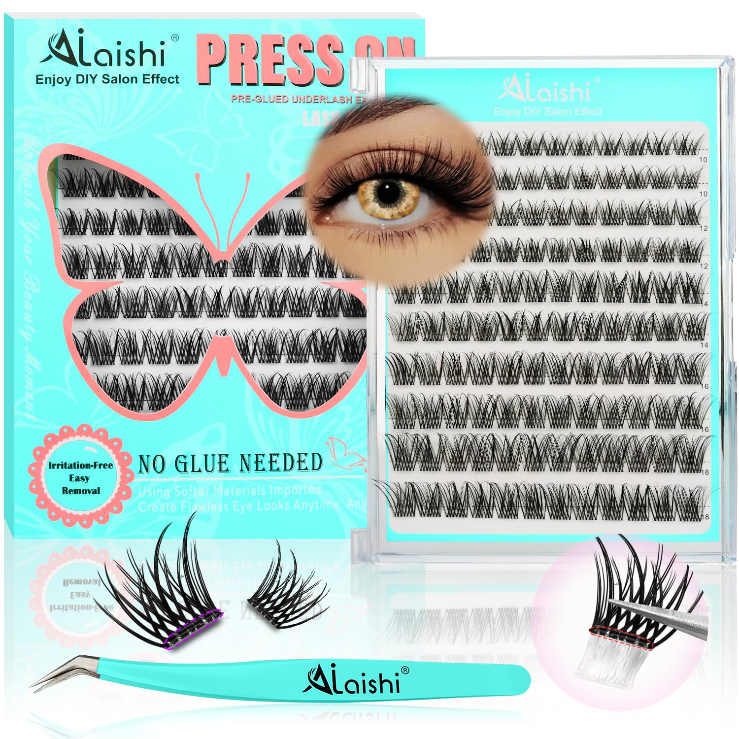 No Glue Needed Lashes, Self Adhesive Eyelashes, DIY Lash Cluster Eyelash Extensions Kit 10‑18mm,120pcs Fluffy D Curl Soft Natural Lashes with Tweezers–Fake Cat Eye Wispy Individual Clusters(NGDY101)-FemmiqueWomen