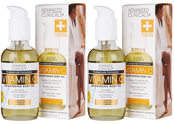 Advanced Clinicals Vitamin C illuminating Body Oil For Women & Men |Vitamin C Oil Skin Care Body Moisturizer With Vitamin E + Botanicals To Help Improve Appearance Of Dark Spots + Dry Skin, 2 Piece-FemmiqueWomen