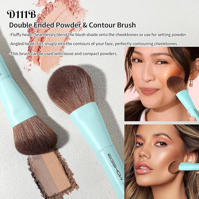EIGSHOW Makeup Brush Set, 3Pcs Dual Ended Face Makeup Brushes for Foundation Powder Contour Highlight Concealer Nose Shadow, Travel Gift Set (Cyan)-FemmiqueWomen