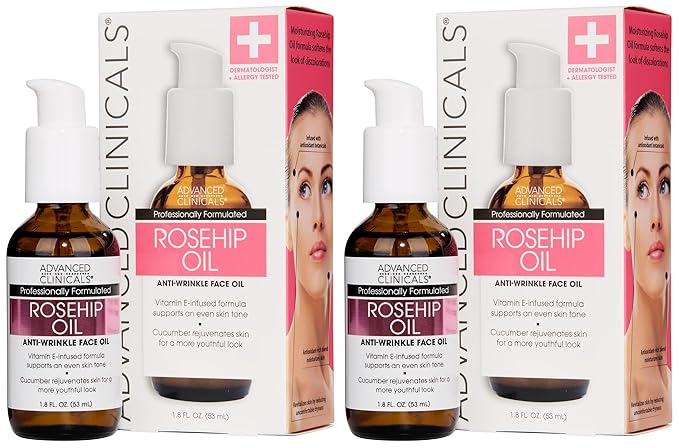 Advanced Clinicals Rosehip Oil For Face With Vitamin E + Botanicals Helps Improve Look Of Dark Spots, Wrinkles, Fine Lines, & Uneven Looking Skin Tone | Moisturizing Skin Care Face Serum, 2-Pack-FemmiqueWomen