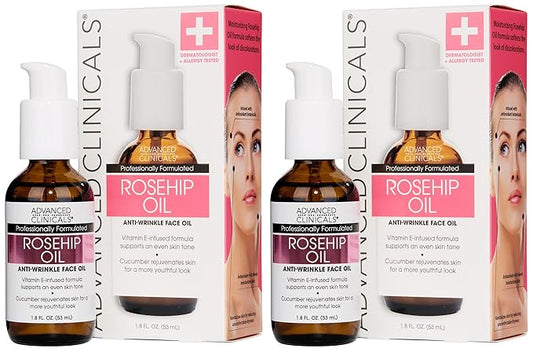 Advanced Clinicals Rosehip Oil For Face With Vitamin E + Botanicals Helps Improve Look Of Dark Spots, Wrinkles, Fine Lines, & Uneven Looking Skin Tone | Moisturizing Skin Care Face Serum, 2-Pack-FemmiqueWomen