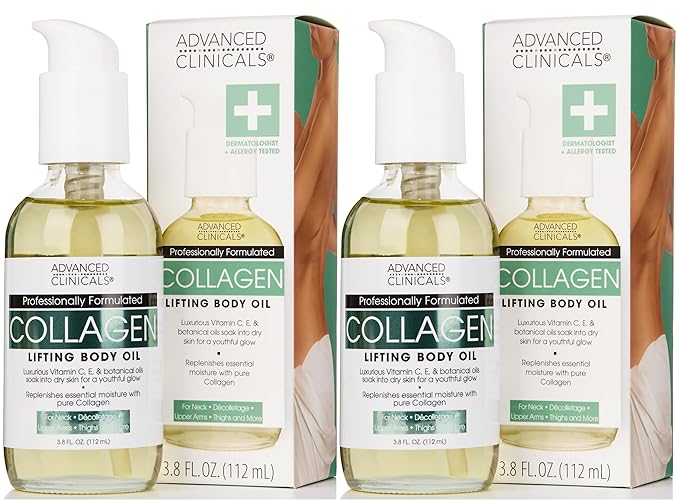 Advanced Clinicals Hydrating Collagen Oil For Body & After Shower | Visible Anti Aging Moisturizing Collagen Body Oil For Women & Men Helps Soften Appearance Of Crepe Skin & Wrinkles, 3.8 Fl Oz, 2pc-FemmiqueWomen