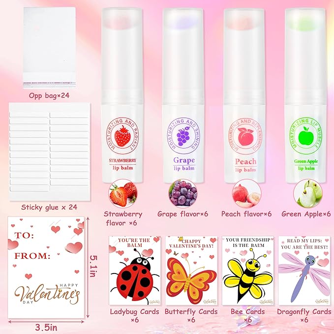 24 Pack Valentines Day Gifts for Kids lip balm bulk,chapstick bulk,party favors for kids boys girls,Natural Moisturizing Lip Balm for dry cracked lips,goody bag filler,Wedding Gifts-FemmiqueWomen