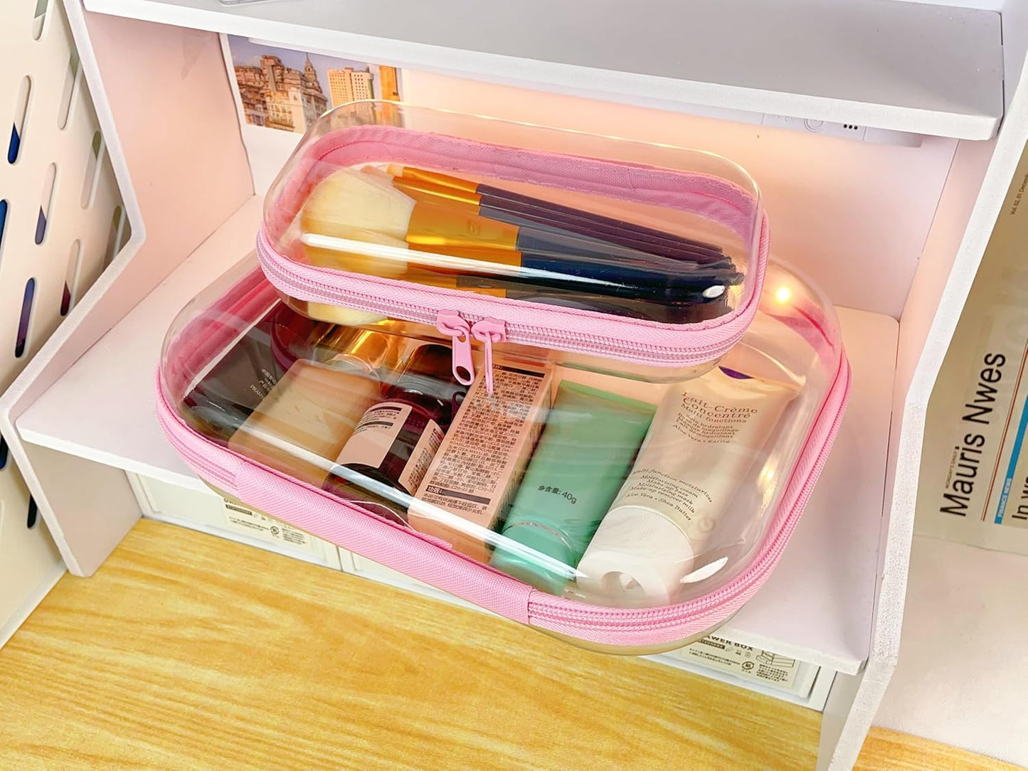 3PCS Clear Zipper Cases, Portable Clear Organizer Pouches for Travel, Double Zippered Hard Shell Plastic Case, Cosmetic Bag for Make Up Tools, Toiletries, Toy Storage (Pink, 1 Pack)-FemmiqueWomen