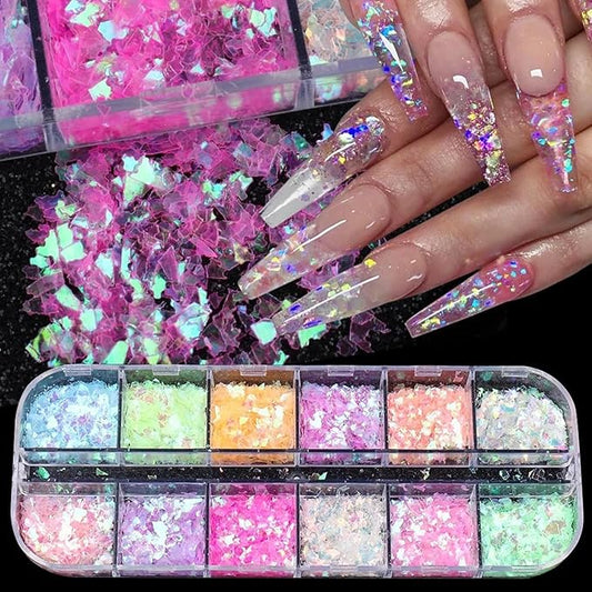 12 Colors Holographic Nail Art Glitter Sequins Iridescent Ice Slag Nail Glitter Laser Nail Art Flakes Colored Fluorescent Glass Paper Nail Sticker Decoration for Face Hand Body Make-Up DIY-FemmiqueWomen