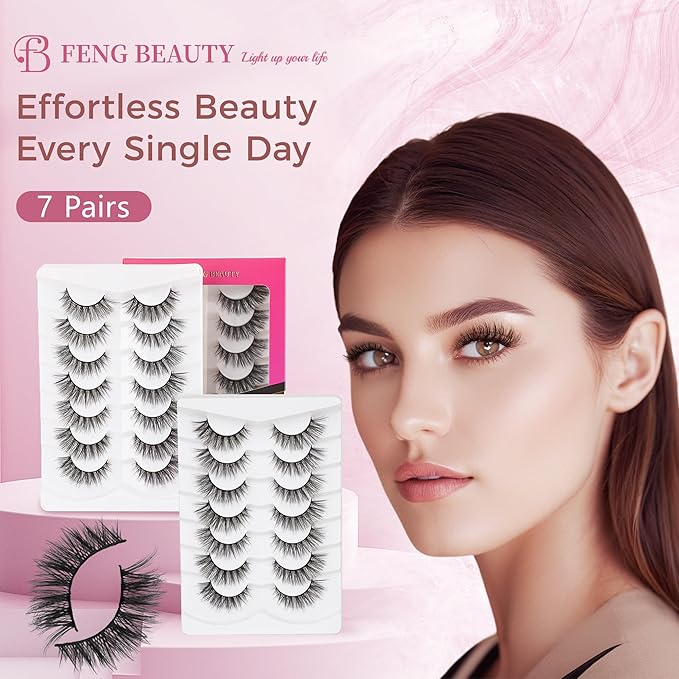 Fluffy Wispy Eyelashes 7 Pairs Natural Look Faux Mink Strip lashes, Lightweight D Curl Cat Eye Fake Lashes for Daily Wear, Reusable Eye Makeup Set-FemmiqueWomen
