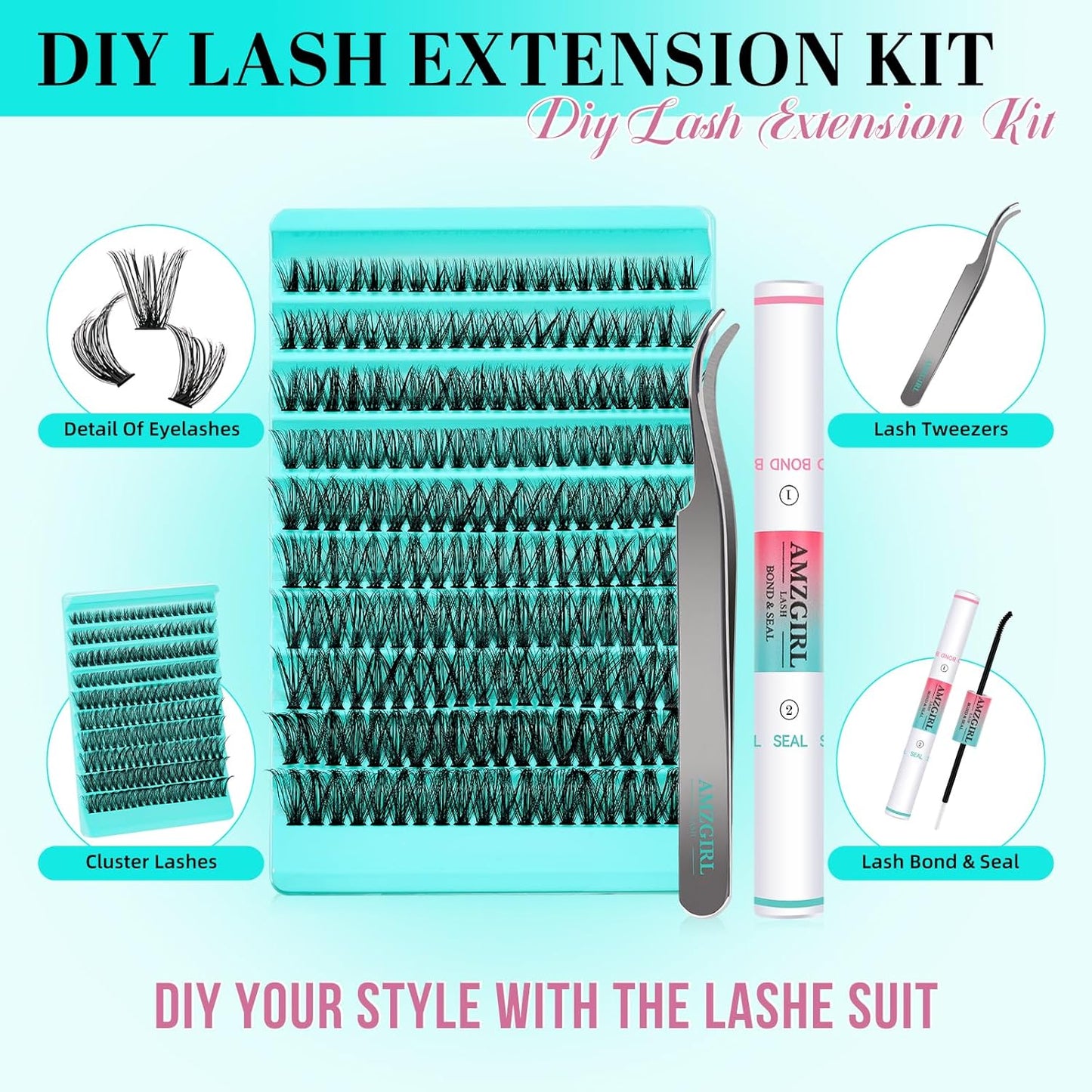 Lash Clusters Kit 200PCS 50D Eyelash Extension Kit D Curl Wispy Eyelash Clusters DIY Natural Individual Lashes Kits Lashes Extensions Kit with Lash Bond and Remover Eyelash Tweezer at Home（White Bond）-FemmiqueWomen