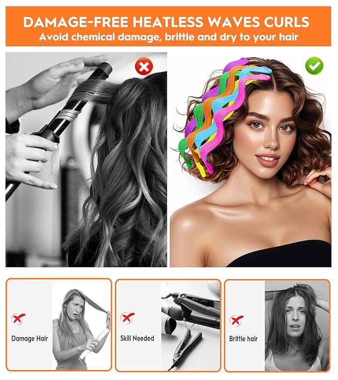 30 Pcs Heatless Hair Curlers Wave Curls Styling Kit with 2 Pcs Styling Hooks, No Heat Hair Curlers Heatless Wave Curlers for Women Girls Short Hair (6 Colors, 25 cm/9.84 inch)-FemmiqueWomen
