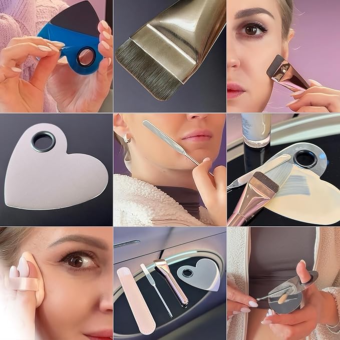 Makeup Brush Set - Flat Foundation Brush, Blender Sponge, Face Spatula, Puff & Heart-Shaped Mixing Palette with Leather Case – Complete Face Makeup Tool Kit for Blending, Foundation & Application-FemmiqueWomen