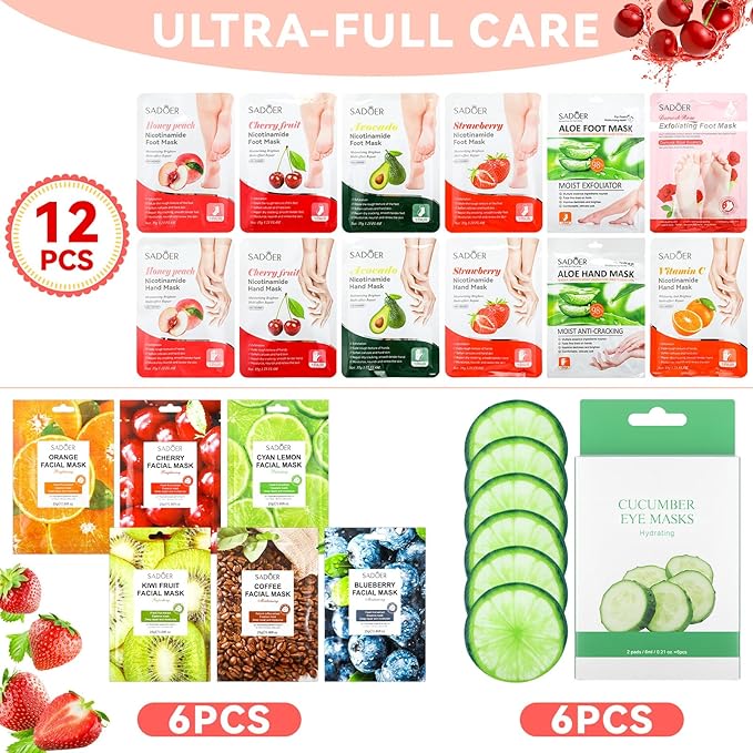 24 Pcs Fruits Beauty Facial Hand Foot Mask Cooling Eye Pads Set Spa Party Night Kit Beauty Skincare Hydrating Skin Cooling Eye Masks for Puffy Eyes Spa Stocking Stuffers Night Summer Party-FemmiqueWomen