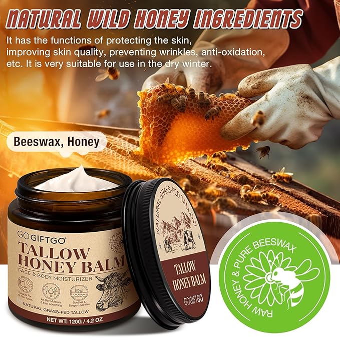 Beef Tallow for Skin,Tallow and Honey Balm,Beef Tallow for Face,Tallow Face Moisturizer,Natural Moisturizer Hydrates,Deeply Nourishes the Skin, Enhances Natural Radiance (1pcs)-FemmiqueWomen