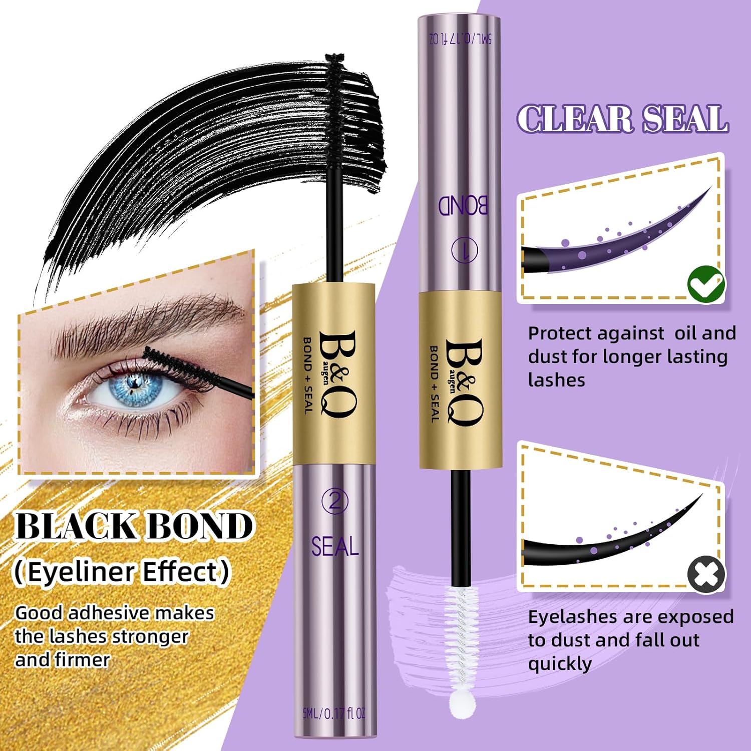 B&Q Lash Cluster Glue 10ml, Waterproof Bond and Seal Lash Glue, Long Lasting cluster lash glue, 2 in 1 Eyelash glue for Clusters Use Strong Hold 48h (Bond & Seal)-FemmiqueWomen