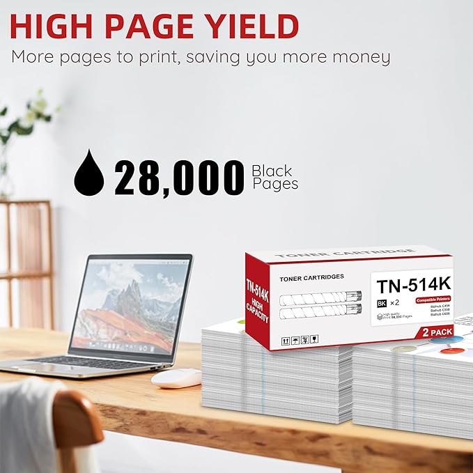 TN514 TN514K Black Toner Cartridges (2-Pack) Replacement for Konica Minolta TN-514 TN-514K A9E8130 Toner Cartridge for Bizhub C458 C558 C658 Printers