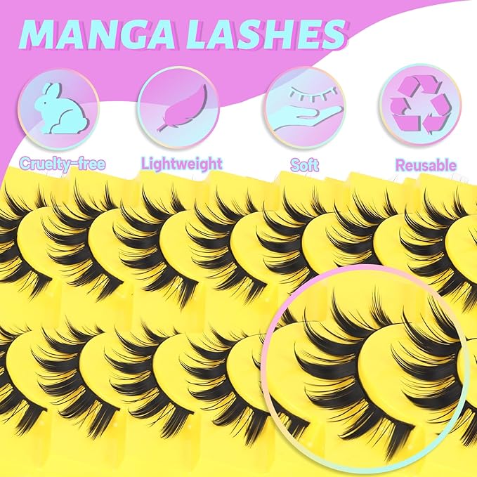 Losha Lashes Spiky Manga Lashes Wispy Anime False Eyelashes 9 Pairs 8D Asian Eye Lashes Natural Anime Fake Eyelashes (Lovely)-FemmiqueWomen